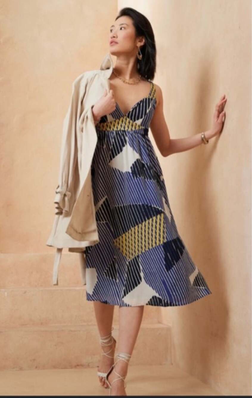 BANANA REPUBLIC NWT Empire Waist Blue Pattern Midi Dress // 6 Petite